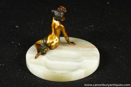 Nude Erotic Viennese Bronze Statue Ashtray Pin Holder Cold Cast
